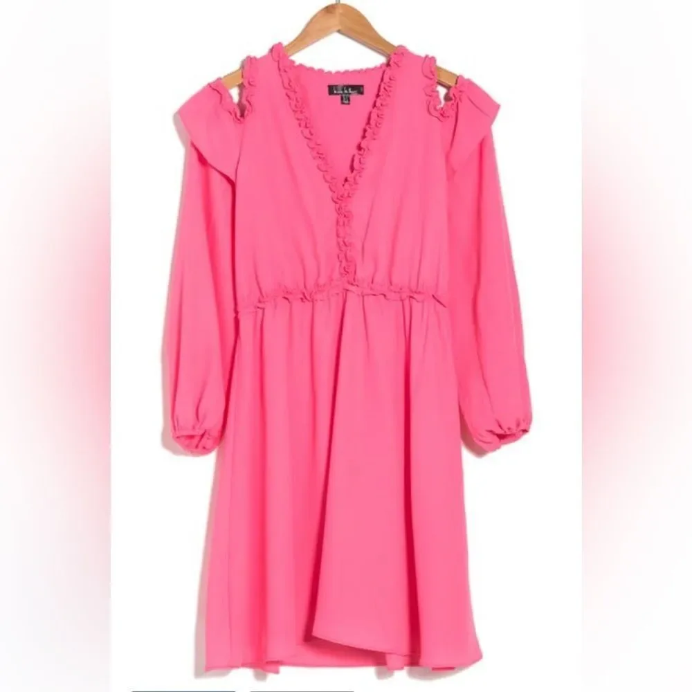Nicole Miller Cold Shoulder Ruffle Long Sleeve Pink Dress Size 8 New - Picture 2 of 4